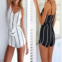 women playsuits sexy v neck sleeveless button sashes cotton playsuits casual slim white black short jumpsuit femme rompers