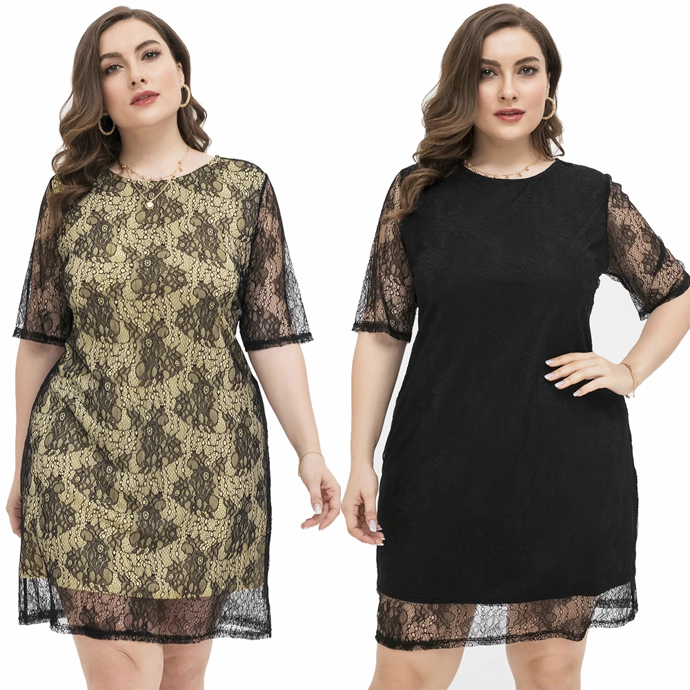 

Summer Women Sexy Loose Casual Short Sleeved Lace Dress Elegant Ladies Cocktail Evening Party Dresses Club Wear