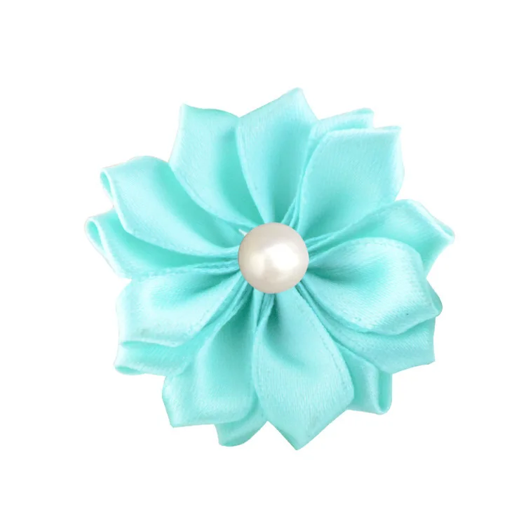 light turquoise Nishine 1," 10 шт./лот 16 Petaled атлас с розочками лента цветы с жемчужной кнопкой используется для повязка на голову" сделай сам "заколки аксессуары для волос - Цвет: light turquoise