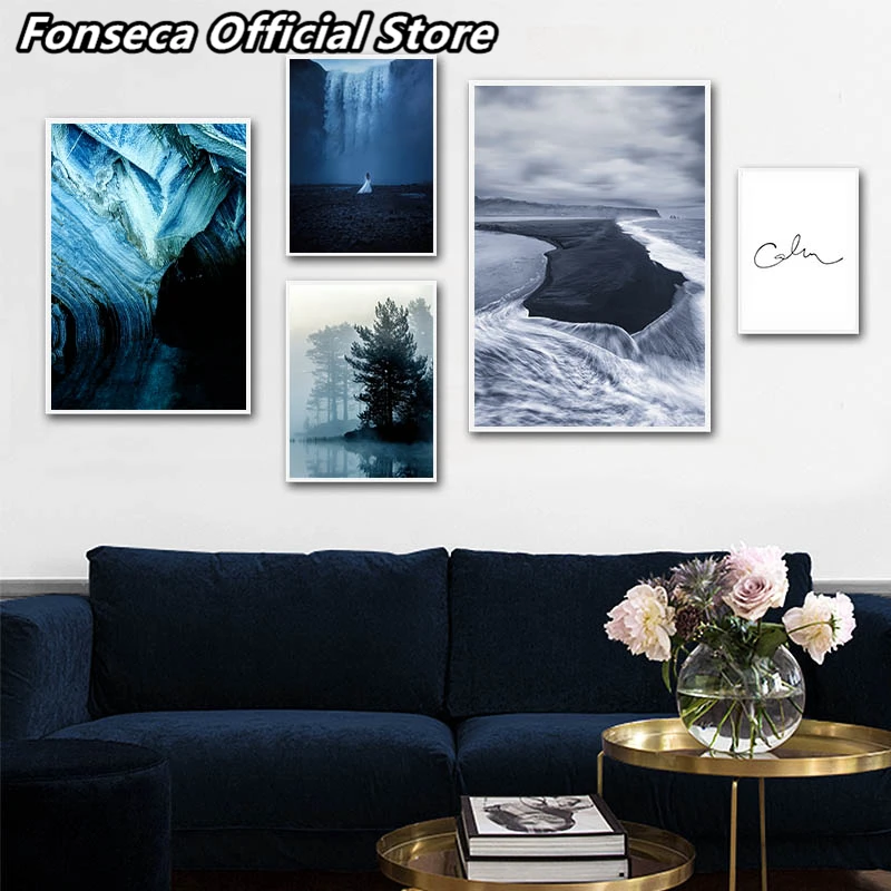 Водопад пляж Туманный лес пейзаж Картина природный Искусство на холсте в