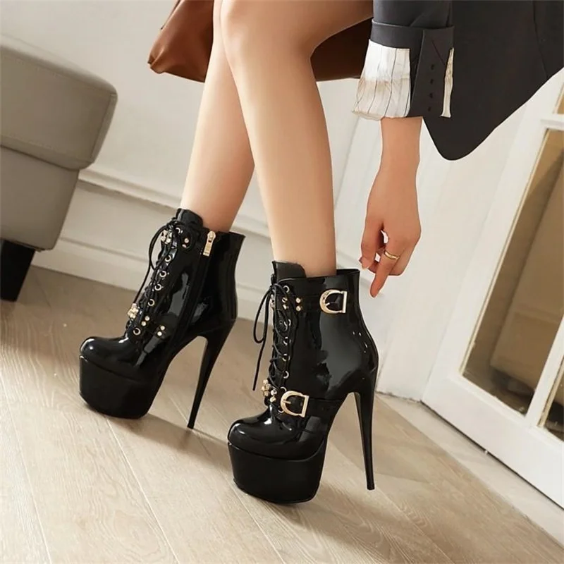 

heeled 15cm 2021 shoes new sky high high thick bottom sexy rivet belt buckle thin heel women's low tube boots