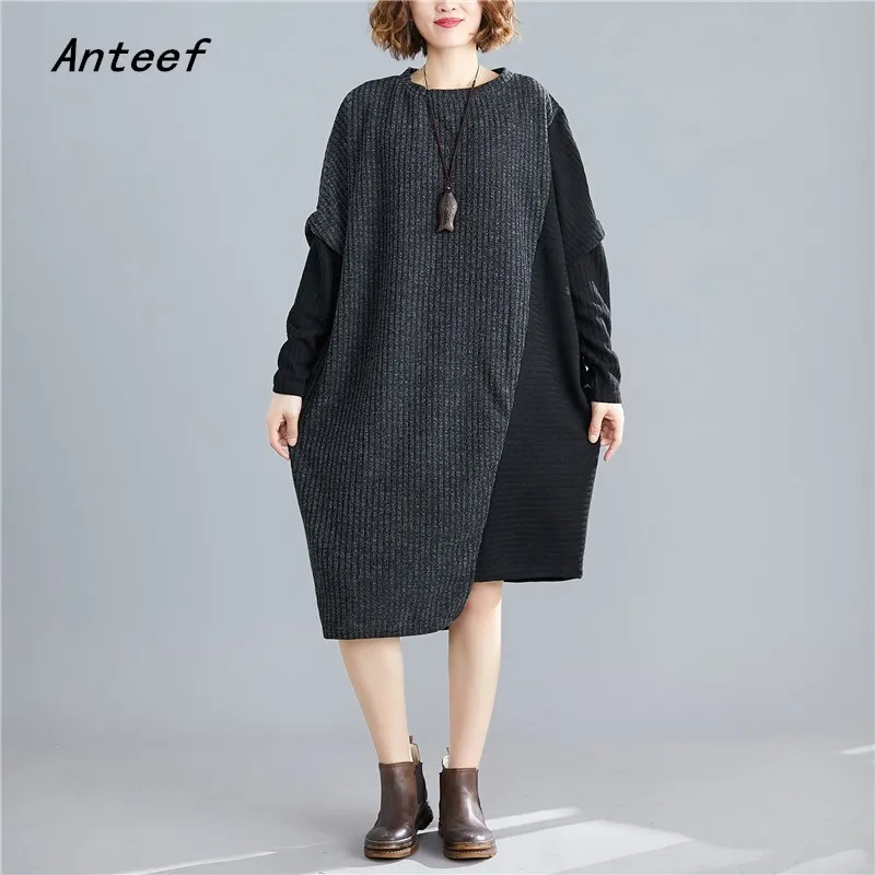 Женское трикотажное платье миди с длинным рукавом большого размера|Женские