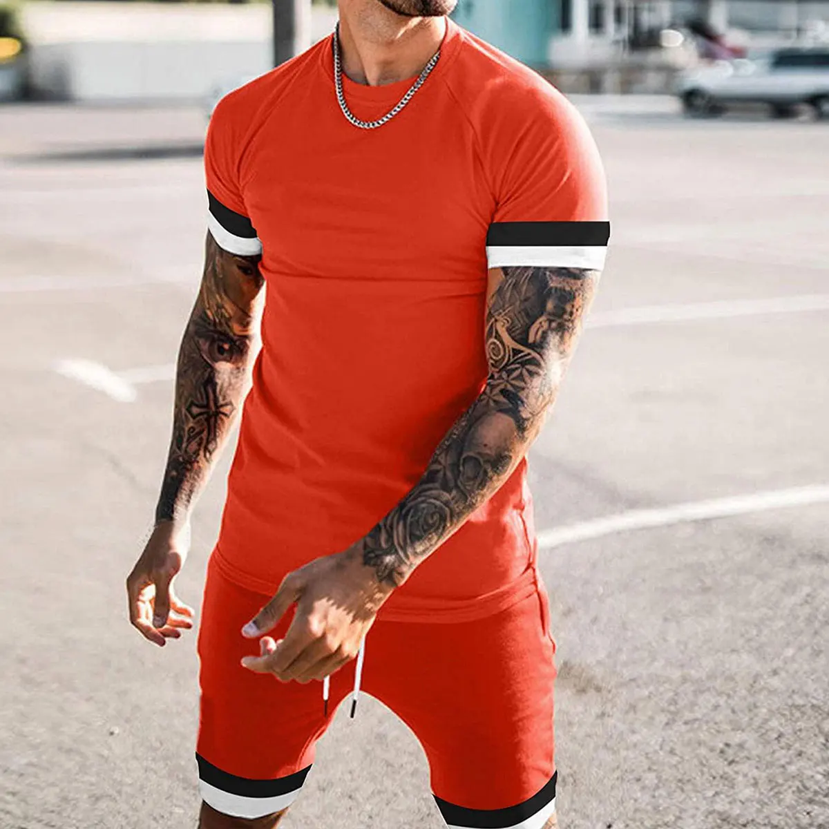 

2021 Men Summer New Sports Outfit Drawstring Shorts Splicing Short Sleeve T-Shirt Fashion Outfits Casual Jogging Suit 2PCS