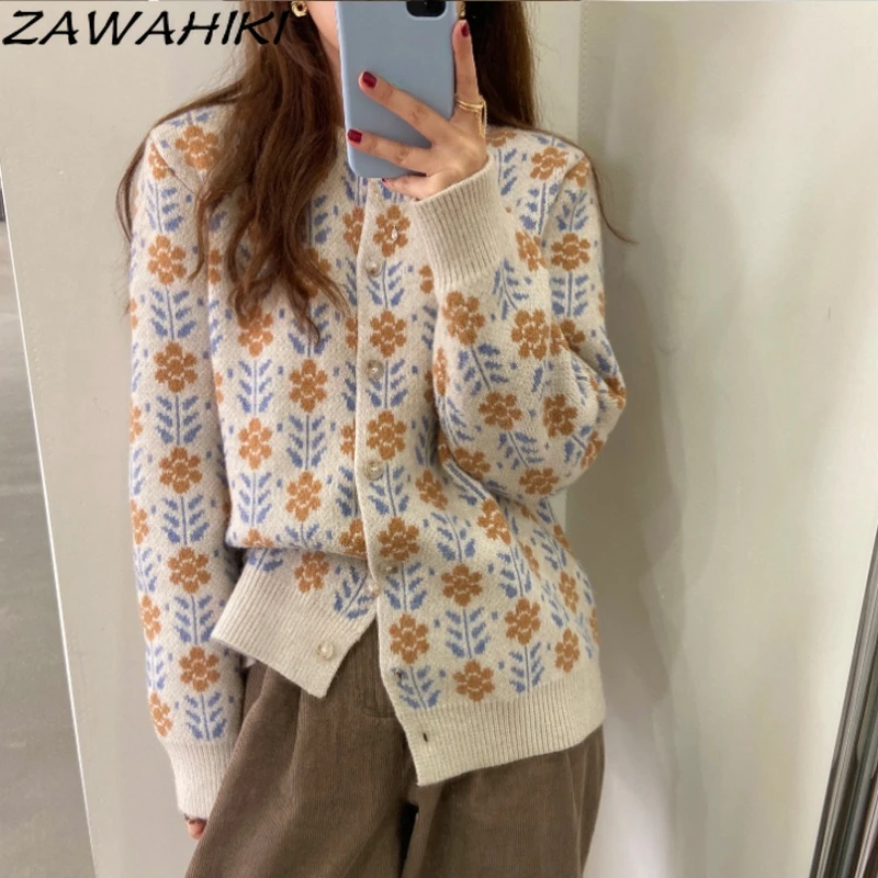 

ZAWAHIKI Korean Autumn Winter New Retro Jacquard Long Sleeve Cardigan Sweater Sweet O Neck Single-breasted Tops for Women