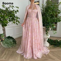 booma 2021 baby pink chiffon prom dresses with cape strapless ruched printed gilded flowers pockets a line formal party dresses