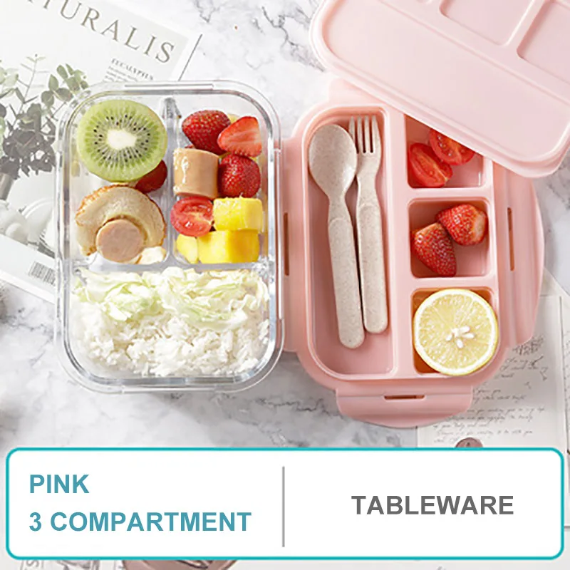 Baispo Ланч-бокс для детей стеклянный микроволновый Bento box контейнер для еды и отсек для хранения школы герметичный кухонный с подогревом - Цвет: Pink 3 compartment