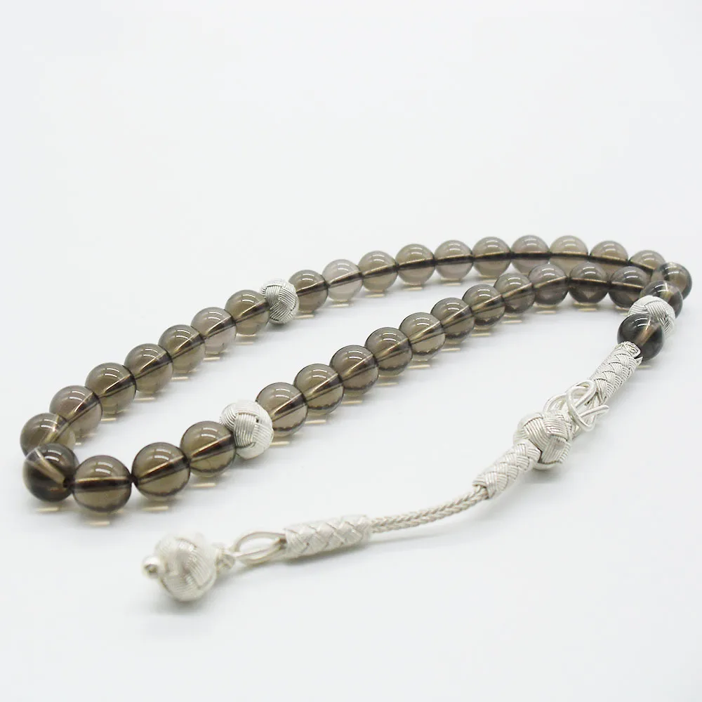 Мусульманские четки/натуральный чай кристалл(дымчатый кварц) 33 Tasbih исламский/1000 серебро кисточкой/Исламские четки/TDNS-006