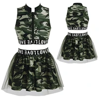 kids girls dance clothes set camouflage style letter print sleeveless top with elastic waistband skirt