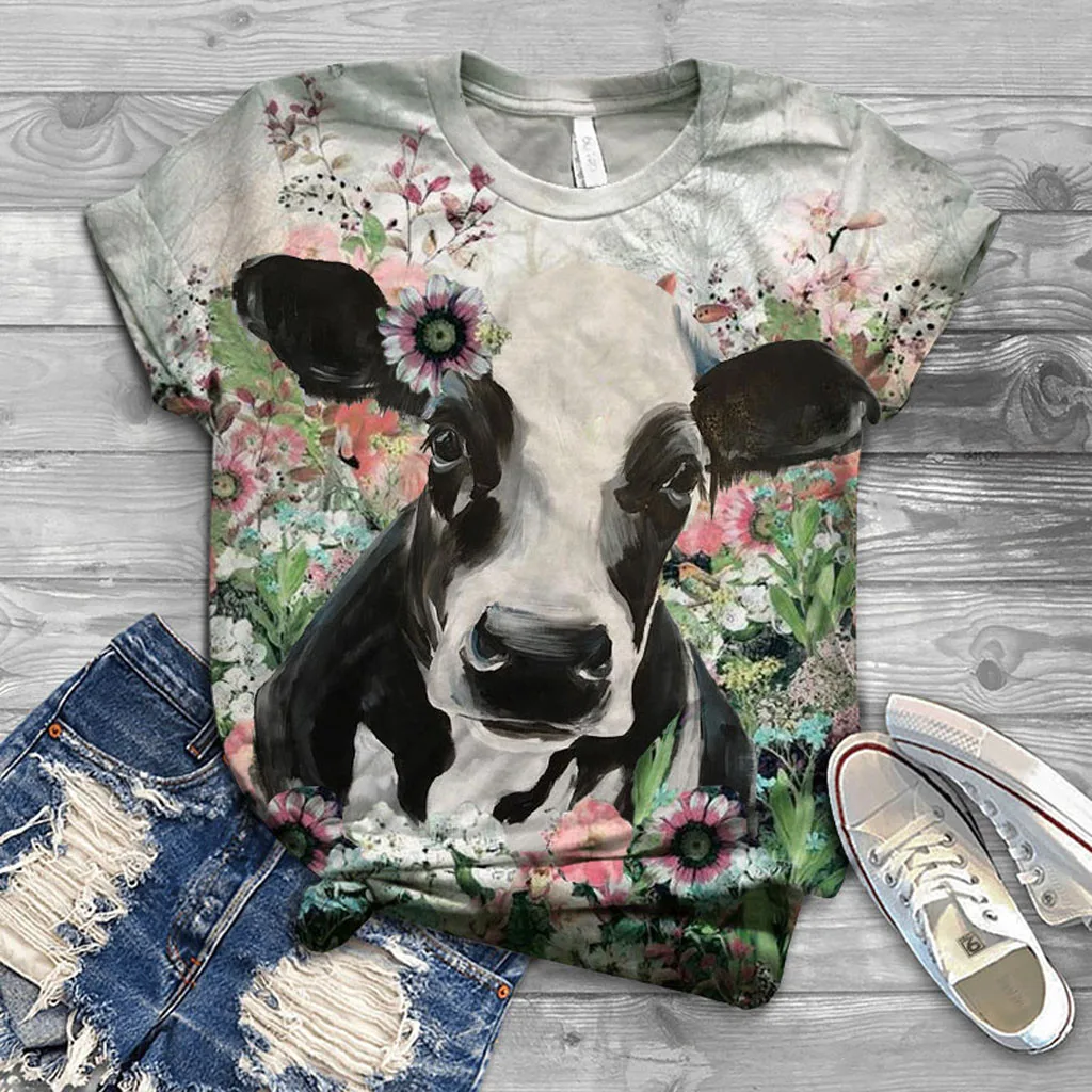 

2020 T-Shirt Plus Size Women O-Neck Short Sleeve 3D Cow Print Casual Top Tee Tee Shirt Blusas Mujer