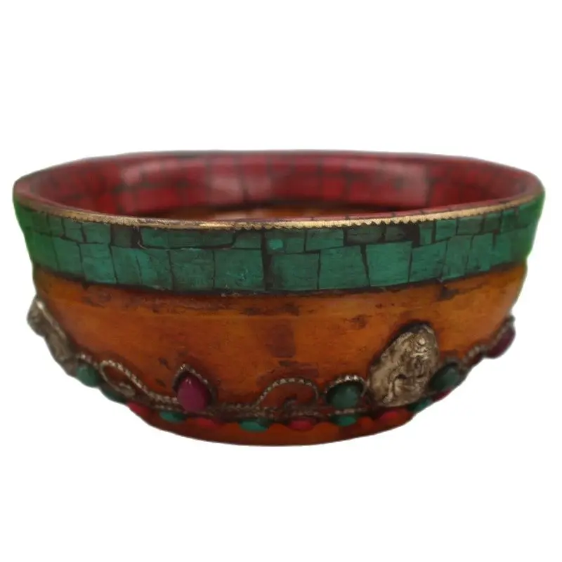 Antique amber inlaid with natural green turquoise coral Tibetan Buddhist bowl collection craft gift | Дом и сад