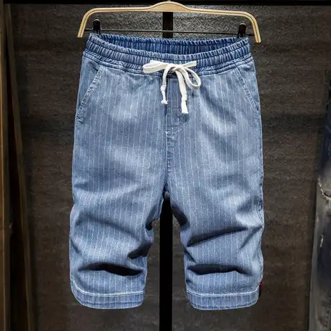 Джинсы мужские короткие в полоску, модные современные эластичные повседневные штаны из денима, брендовые размера плюс 5XL 6XL 7XL, лето, 2020