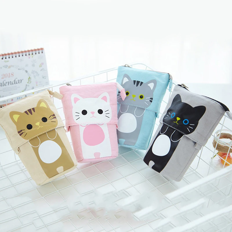 

Pen Pencil Bag Case Cartoon Cute High Quality Cat Pencil Bags Canvas Fold Standing Holder Stationery Organizer Kids Gift