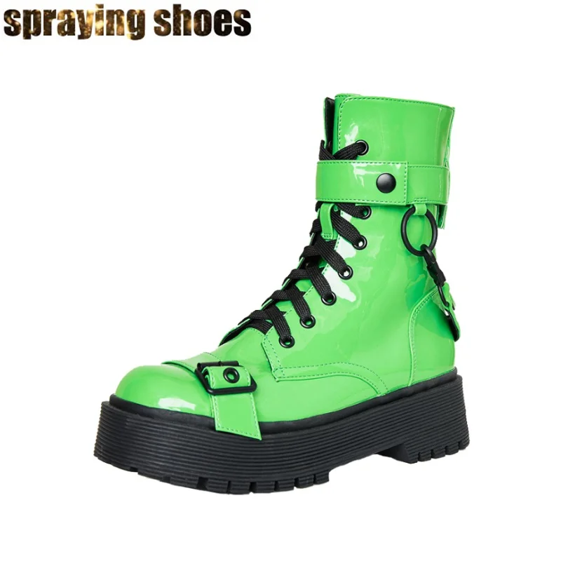 Неоновые зеленые ботинки Martens; женские ботильоны на платформе с круглым носком; мотоботы; пикантные женские ботинки для подиума; обувь для вечеринок; зимние ботинки