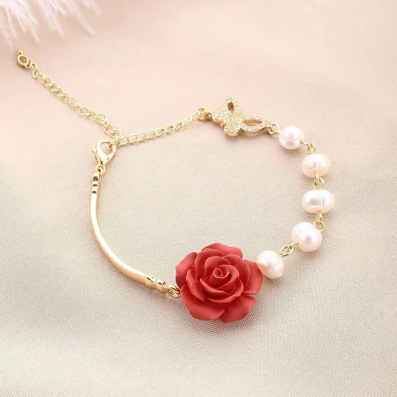 

Fashion [gold Plating] Pearl Butterfly Bracelet for Women New Simple Temperament Inlaid with Rhinestone Rose Bangles Jewelry