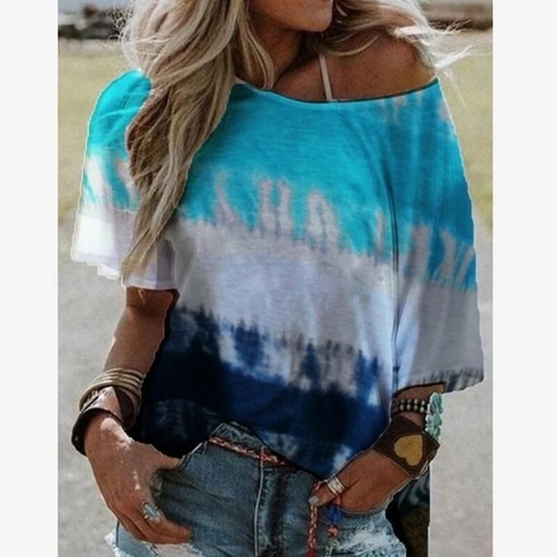 

Women Gradient Short Sleeve Shirts Summer Loose O-neck Tops T-shirt Female Casual Tee 2020