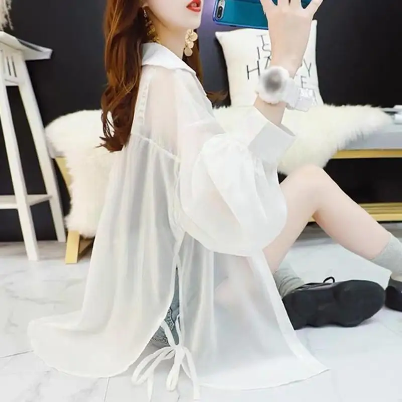 

Summer Female Blouse Loose See-Through Sexy Beach Sunscreen thisrt Women Sleeve New Fashion Long Top 2021 Shirt Oversize Ch L8W0