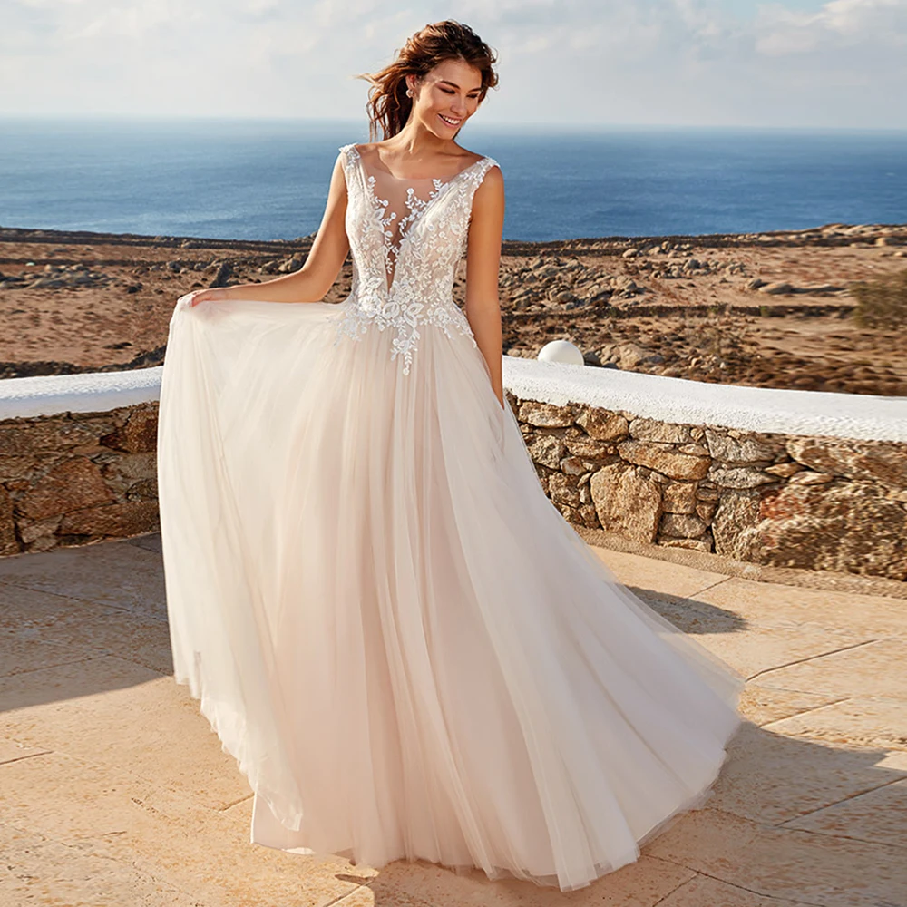 

Charming 2021 Wedding Dress Scoop Neck Sleeveless Lace Appliques Robe De Mariee Backless Tulle A Line Bridal Gowns