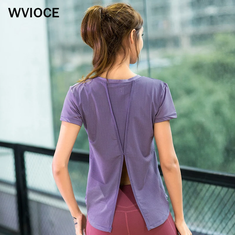 Женские рубашки для йоги с вырезами на спине сетчатые Топы коротким рукавом