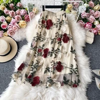 korean women flower rose skirts fashion woamn embroidery rose skirt femme mesh skirts