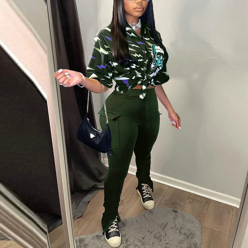 

Long Sleeve Button Down Shirt & Slim Cargo Pants Two Piece Set High Street Chic sets