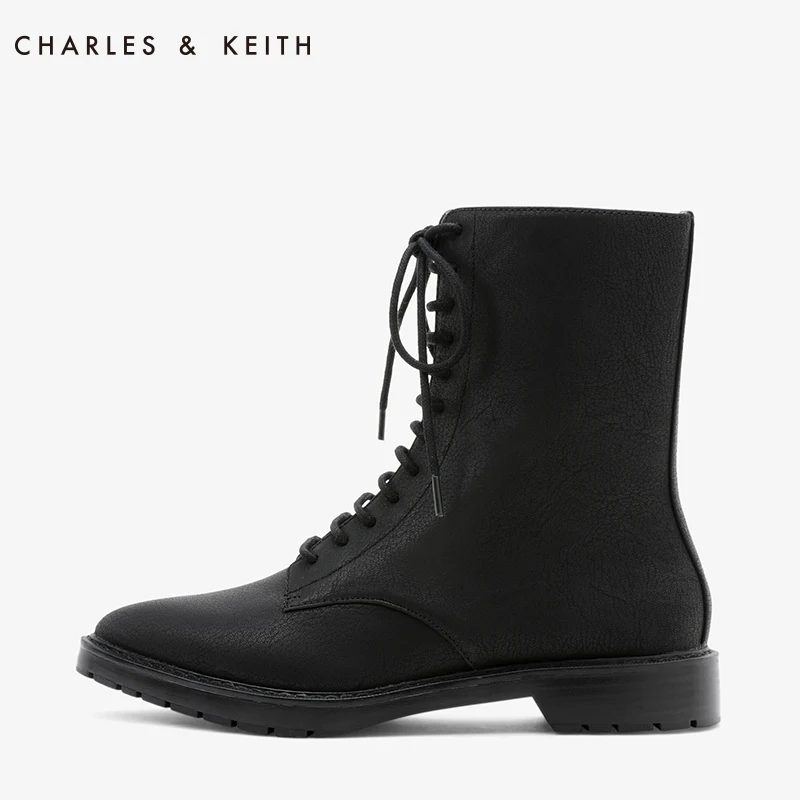 

CHARLES＆KEITH Women's Martin Boots CK1-90900067 Sense of Hardness Lace up Mid Heel Mid-calf boots