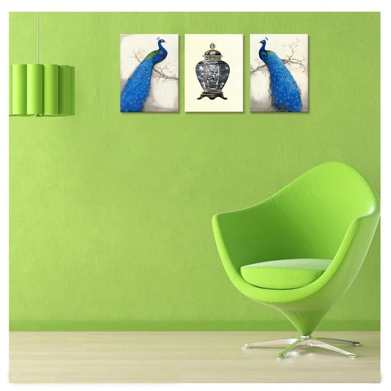 

3 Pieces Canvas Poster on The Wall Blue Peacock on Tree Home Decor Poster Animal Oil Painting Set Framed for Room Decoration