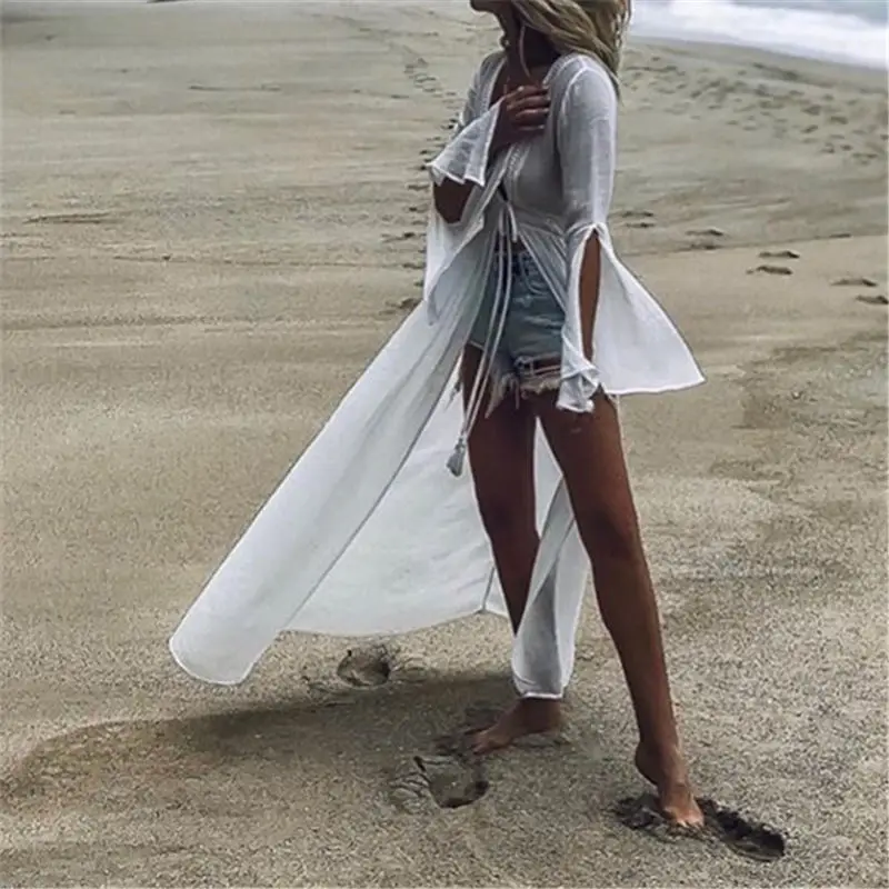 Женское пляжное платье Белая Туника из хлопка с глубоким вырезом и