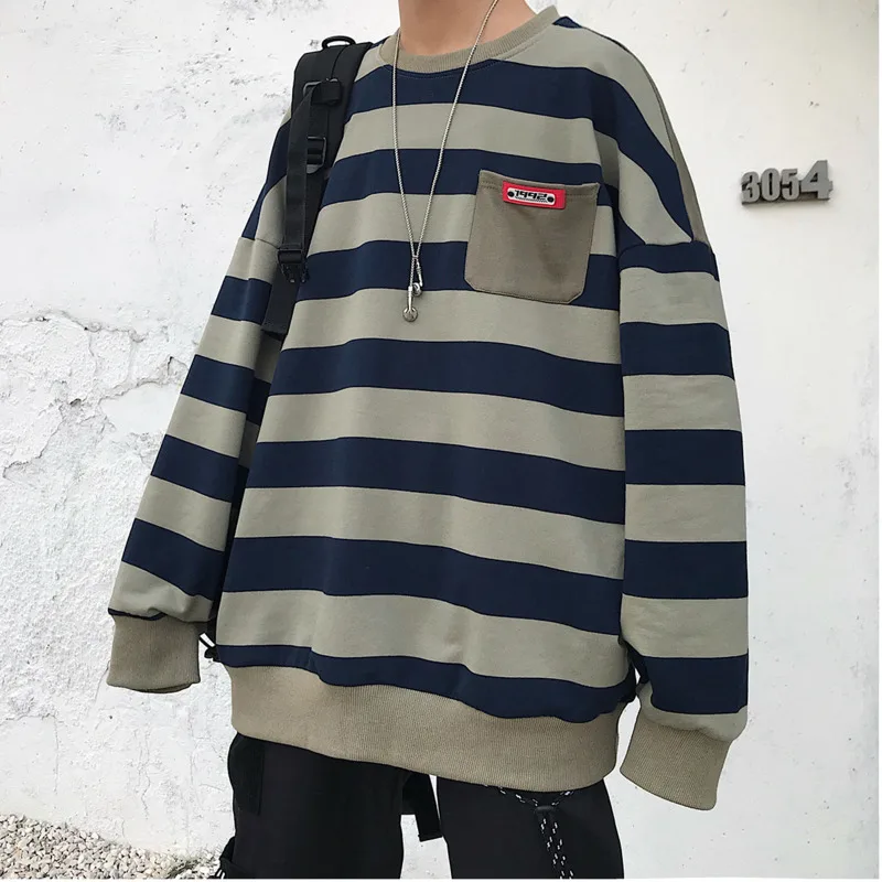 2019 Spring And Autumn New Contrast Color Striped Stitching Loose Sweatshirt Casual Pullover Navy Blue Yellow / Army Green | Мужская