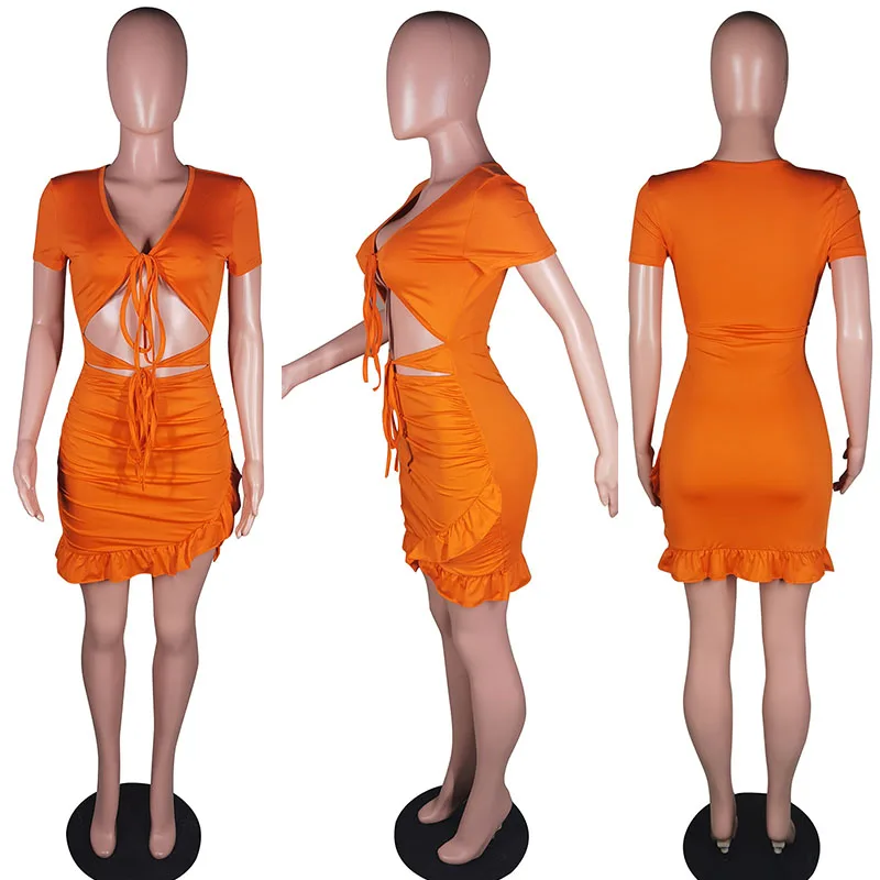 

Sexy Lace-up Hollow Out Party Dresses for Women Elastic Short Sleeve Ruffles Bodycon Dress Night Party Club Mini Dress Vestidos