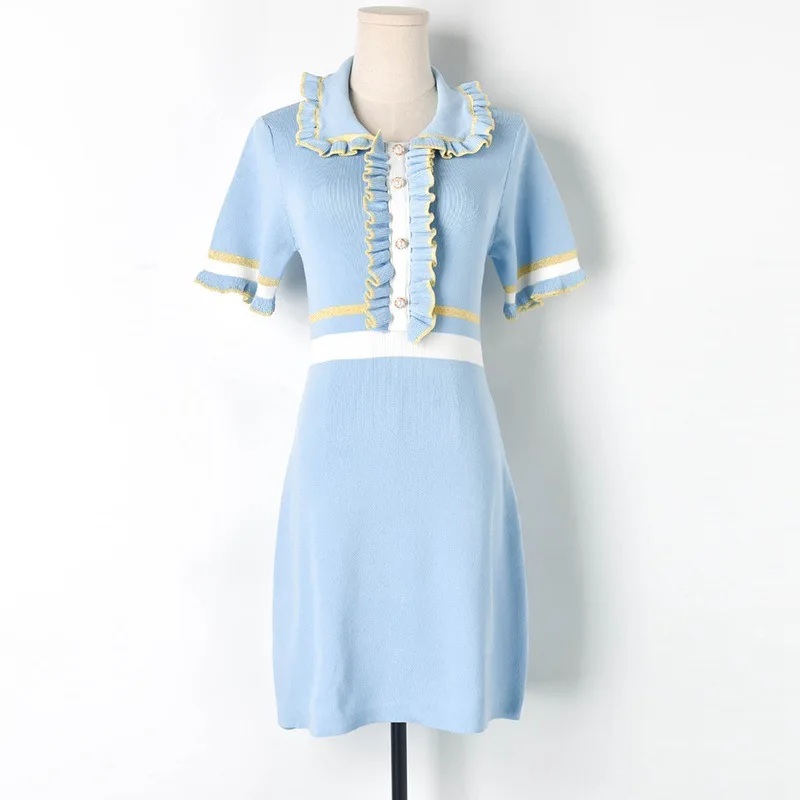 Сладкий Питер Пэн воротник вязаное платье 2019 оборками пуговицы короткий рукав