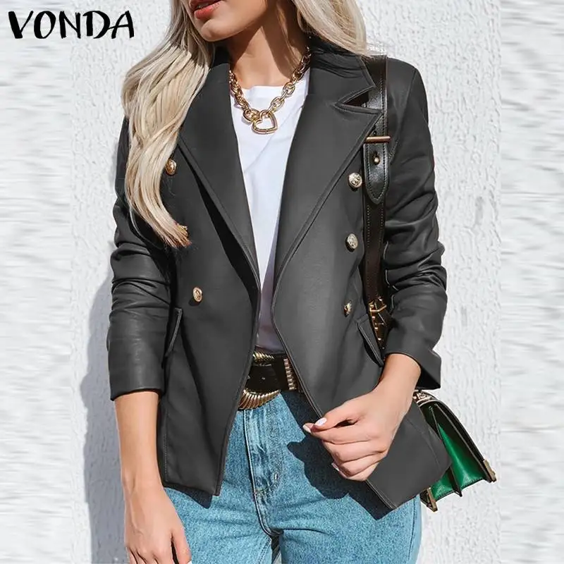 

Женский двубортный пиджак VONDA из искусственной кожи, повседневный однотонный офисный деловой костюм, Блейзер оверсайз с длинным рукавом, ве...