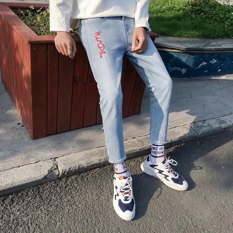 

2019 Men's Fashion Trend Baggy Jeans Streetwear Loose Holes Printing Jeans Casual Ankle Length Pencil Pants Plus Size