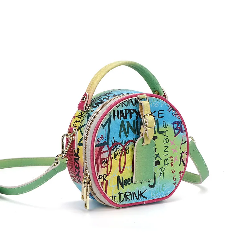 Повседневные граффити Saco Feminino 2020 Nova Cor De Doces Mini Redondo Moda Rhmbic Corrente Bolsa Ombro Mensageiro Luxo |