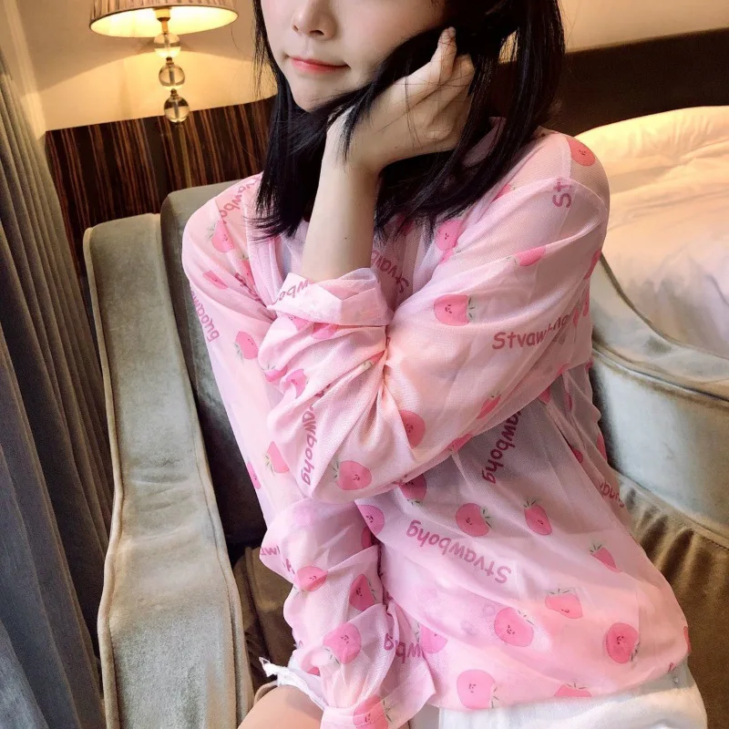 

Nice ins Mesh Top Slim All-match Thin Sunscreen Long Sleeve Base T-shirt kawaii clothes graphic tshirt cartoon tshirts for women