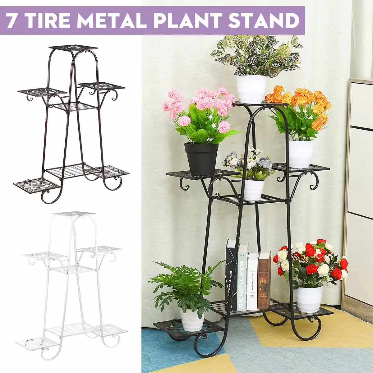 

7 Tires Metal Plant Stand Flower Rack Pot Storage Rack Display Shelf Holder Home Indoor Outdoor Decor Garden Plant Shelves