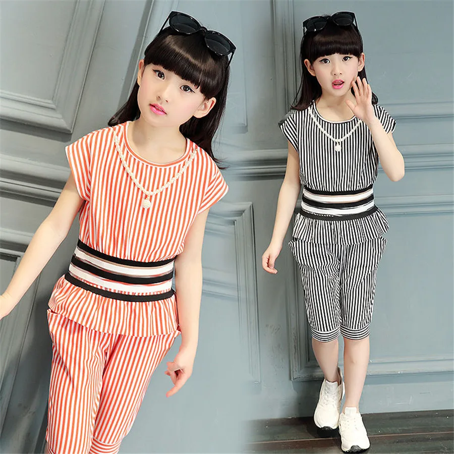 Teenage Children Clothing Tracksuit For Girls Sets Summer Girl Stripe Outfit Suit Kids Clothes 8 10 12 14 Year |