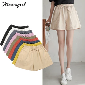 Шорты женские летние из хлопка и льна, с высокой талией и широкими штанинами, белые, на резинке, повседневные, 2020