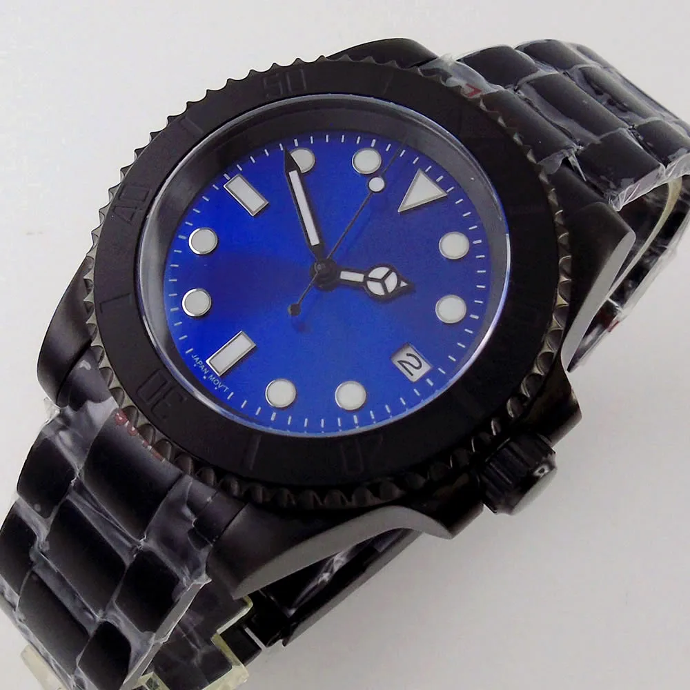 

Мужские автоматические часы 40 мм NH35A с Черным PVD покрытием Sunburst, синий циферблат, светящийся с черными краями, с однонаправленным безелем