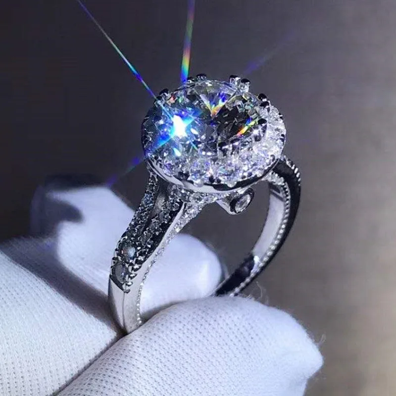 

HOYON s925 Silver Color 2 Carat Imitation Moissanite Zircon Round Ring Luxury Women's Engagement Platinum Diamond Ring Jewelry