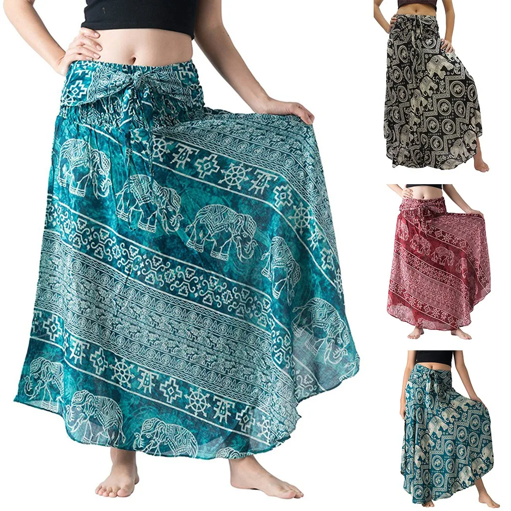 

Summer bohemian skirt ladies printed beach ethnic style skirt casual high waist bow print two wearing big swing skirt 40*