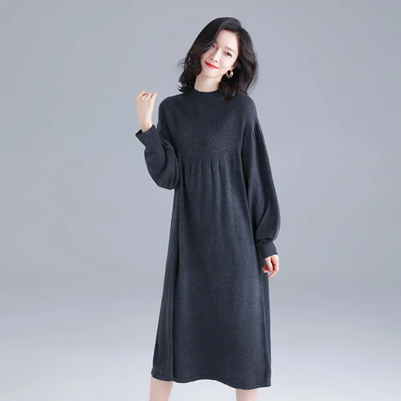 

Knitted Cashmere Sweater Dress Womens 2021 Fashion Solid Lantern Sleeve High Waist Loose Knit Dresses Vestidos HFH011