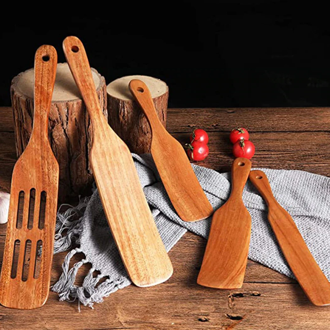 

5pcs Slotted Spurtle Spatula Sets for Stirring Natural Teak Kitchen Utensil Set Heat Resistant Non Stick Wood Cookware