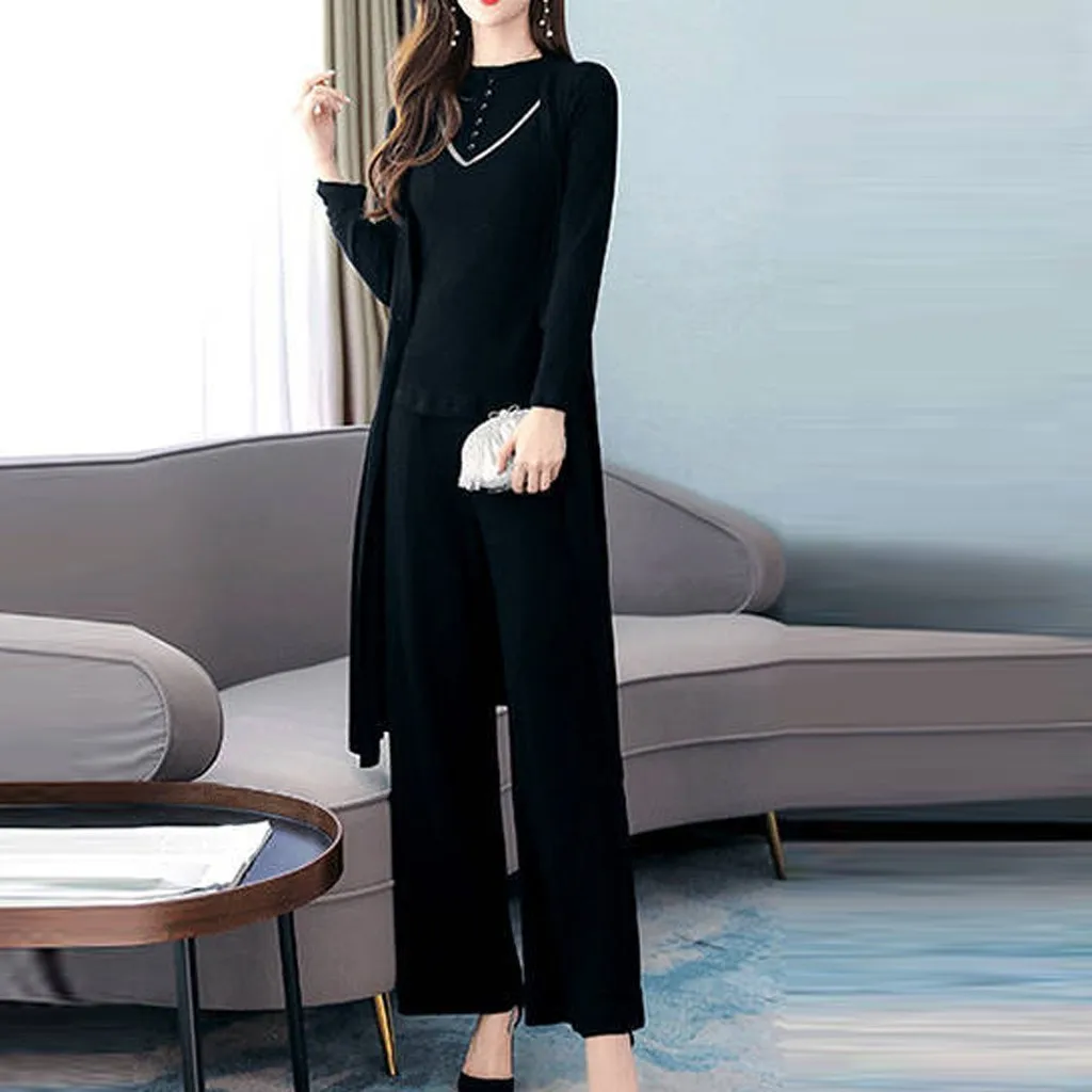 KANCOOLD Knitted 3 Pieces Set Women Tracksuit Long Sleeve Cardigan and Sleeveless Pullover Tops Wide Leg Pants Women's Sets 2019 | Женская