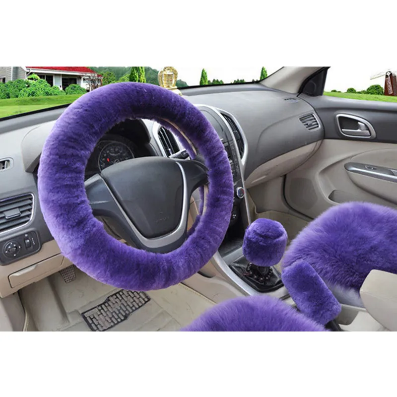 Universal Soft Warm Long Wool Fuzzy Steering Wheel Cover Woolen Handbrake Car Accessory Sheep Fur Plush Protector Cover Kit 3pcs