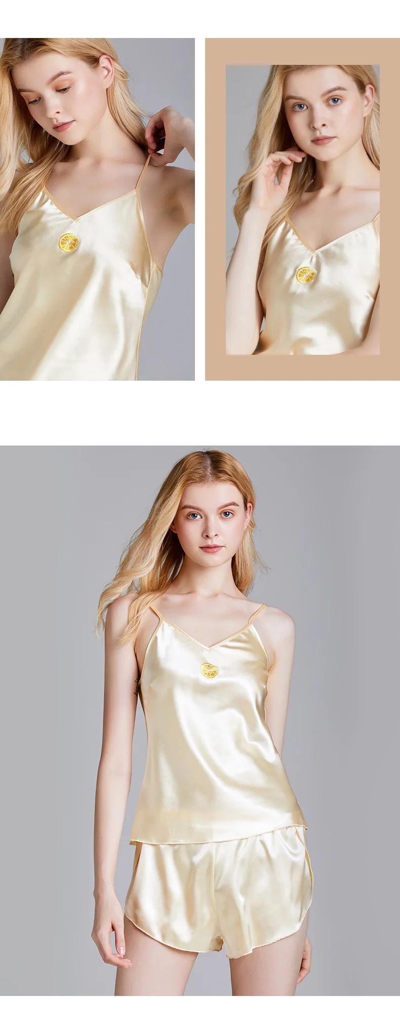 

Samwestart 2020 silk pajamas ladies summer thin suspenders shorts suit homewear wholesale pyjamas women pijama Polyester