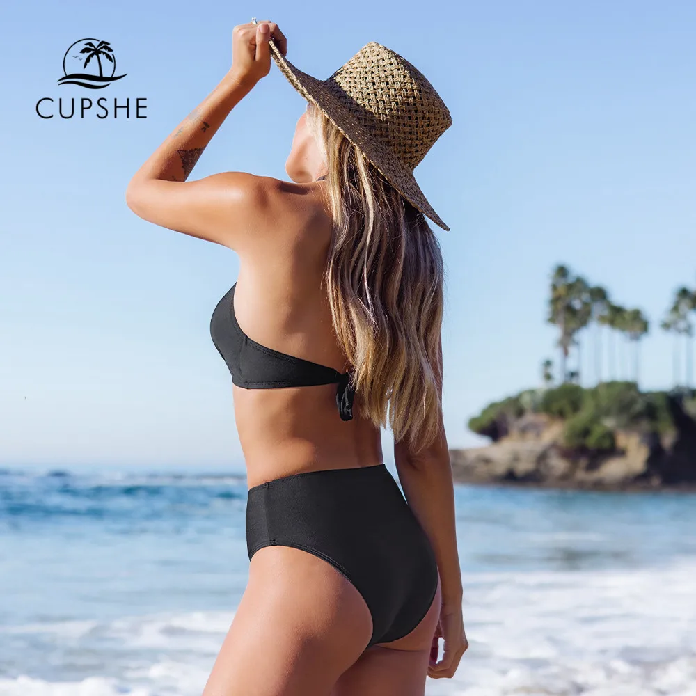 CUPSHE Black Halter Mid Waist Bikini Sets Swimsuit For Women Sexy Back Tie Two Pieces Beachwear 2022 New Bathing Suit Swimwear |