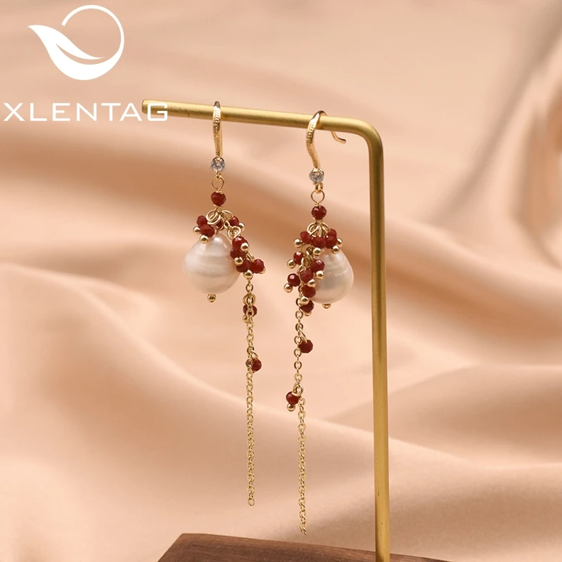 

XlentAg Natural Fresh Water White Pearl Long Earrings For Women Girl Luxury Minimalist Cute Korean Accessories Orecchini GE0855