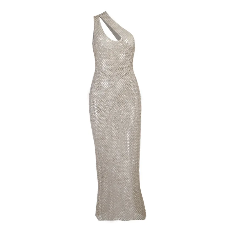 

2021 Fall Temperament Hollow Fashion Sexy Long Dress Sleeveless Club Party Holiday Slanted Shoulder Mesh Slim Dress Beach