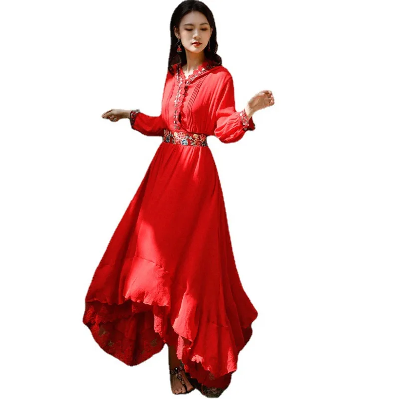 

XUXI 2021 Spring Autumn New Women Retro Ethnic Style Travel Shot Hooded Long Skirt And Big Red Dress Female E1411