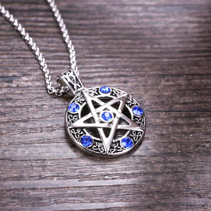 

Pentagram Round Hollow Pendant Necklace Couple Men's Women's Necklace Blue Stone Inlaid Viking Rune Accessories Party Jewelry